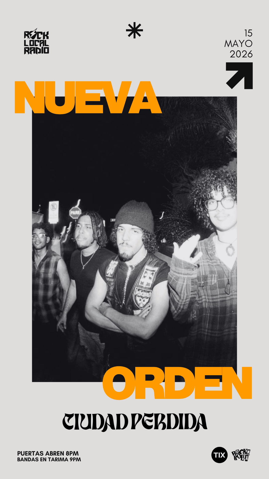 Afiche de Nueva Orden con Ciudad Perdida, 15 de mayo de 2026 en Rocknrolla