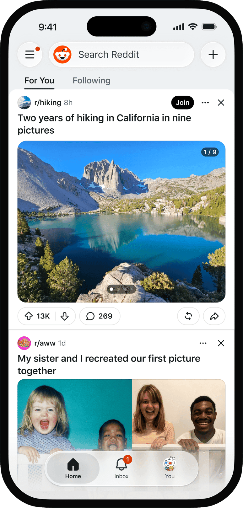 Pantalla de la app de Reddit con las pestañas For You y Following y publicaciones recomendadas de r/hiking y r/aww