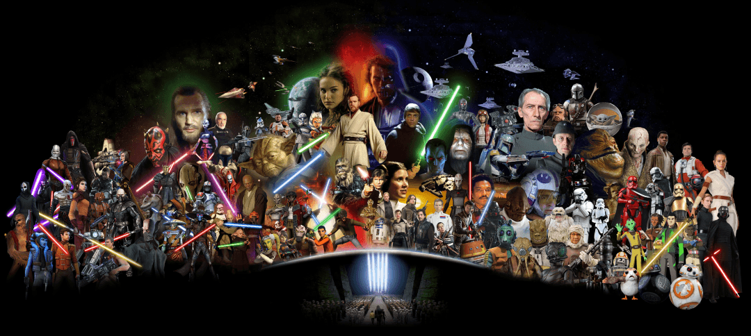 Imagen con decenas de personajes de la saga Star Wars reunidos