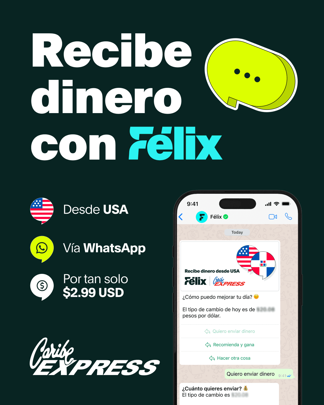 Pieza de Félix y Caribe Express sobre el envío de dinero desde EE.UU. por WhatsApp a US$2.99