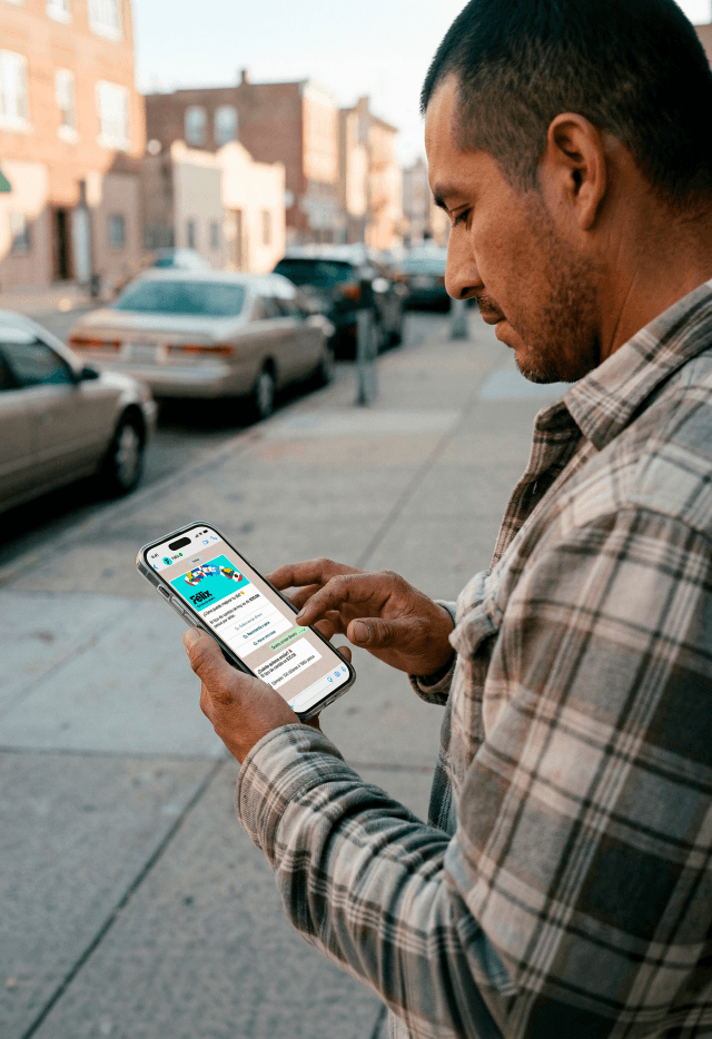 Hombre revisa en su teléfono una conversación de Félix en una acera