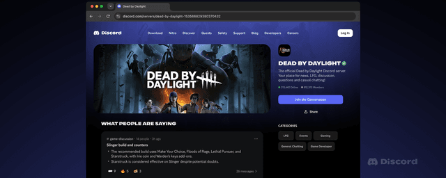 Página web pública del servidor de Dead by Daylight en Discord, con resúmenes de lo que conversa la comunidad