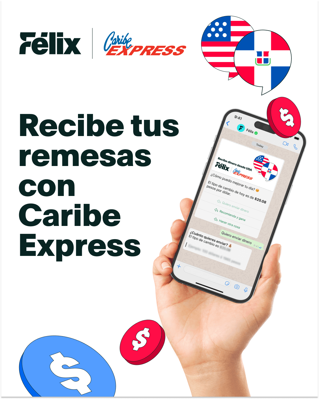 Mano sostiene un teléfono con la conversación de Félix en WhatsApp para recibir remesas en Caribe Express
