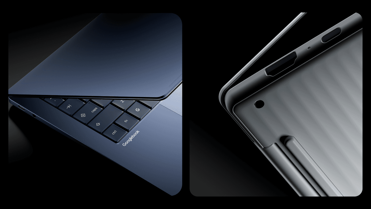 Dos laptops Googlebook en primer plano: una azul oscuro con el teclado y la marca a la vista, y otra plateada vista de lado
