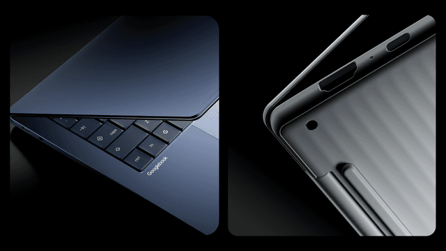 Dos laptops Googlebook en primer plano: una azul oscuro con el teclado y la marca a la vista, y otra plateada vista de lado