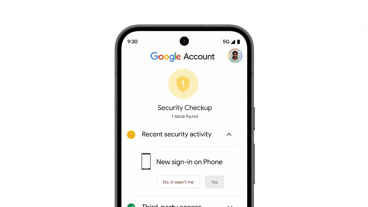 Pantalla de la Revisión de seguridad de la cuenta de Google en un celular, con un aviso de nuevo inicio de sesión