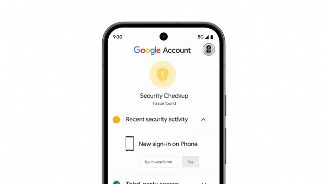 Pantalla de la Revisión de seguridad de la cuenta de Google en un celular, con un aviso de nuevo inicio de sesión