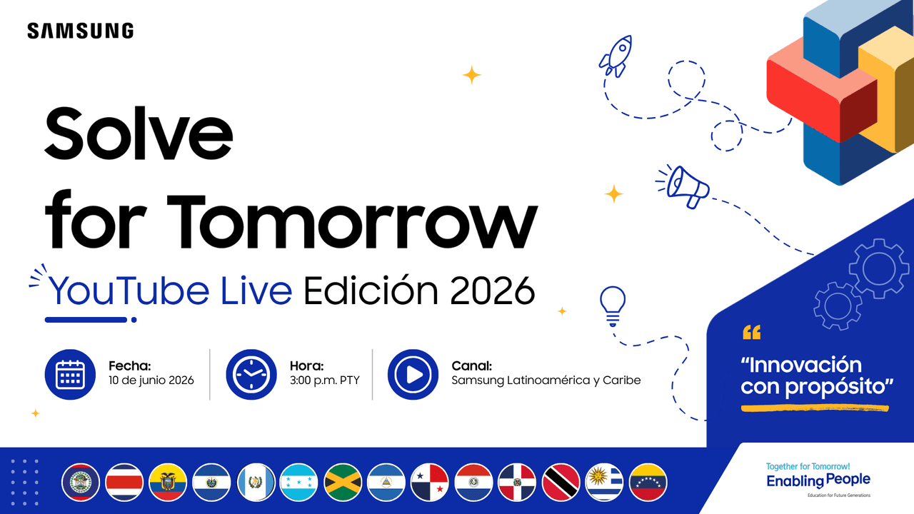 Arte del lanzamiento de Solve for Tomorrow 2026 con las banderas de los países participantes