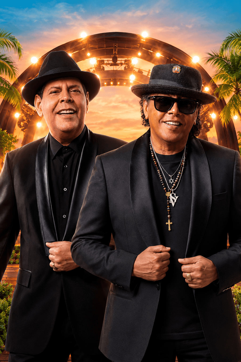 Fernando Villalona y Sergio Vargas frente a un escenario iluminado al atardecer