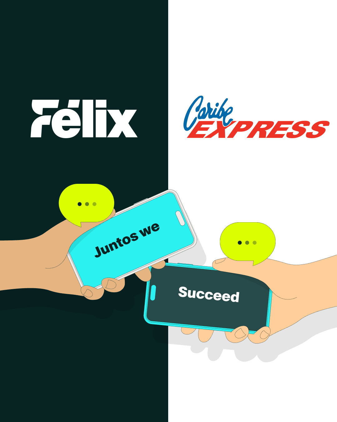 Ilustración con los logos de Félix y Caribe Express y dos manos con teléfonos