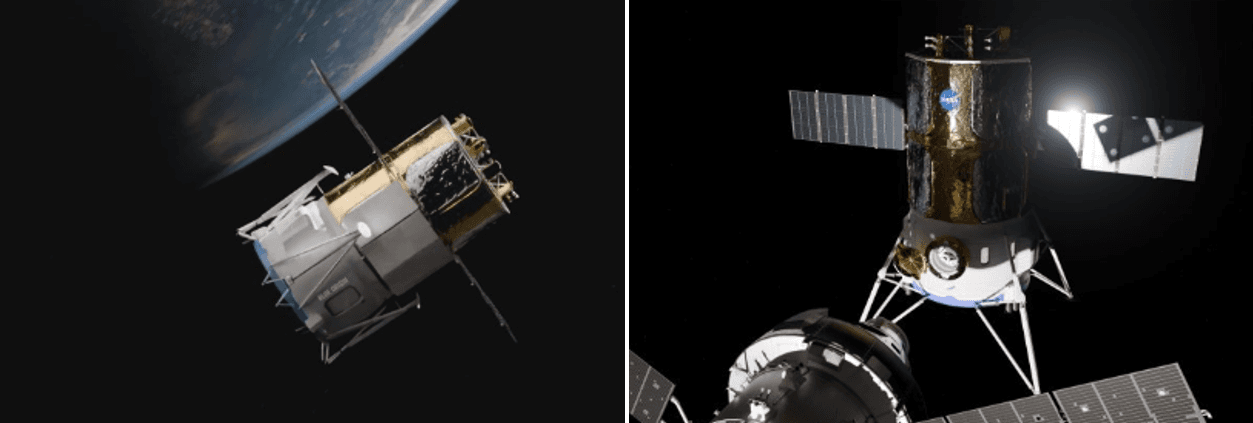 Ilustraciones del módulo Blue Moon Mark 2 de Blue Origin en órbita terrestre y acoplado a la cápsula Orion