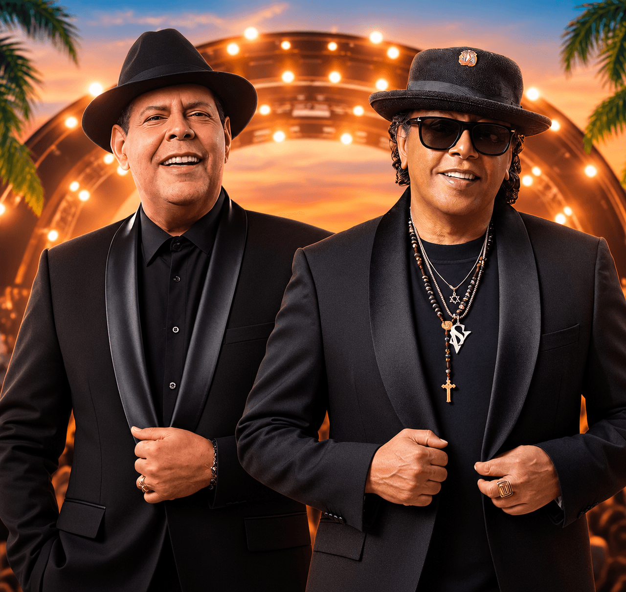 Fernando Villalona y Sergio Vargas, vestidos de negro con sombrero, en el arte de «Noche de Dos Grandes»