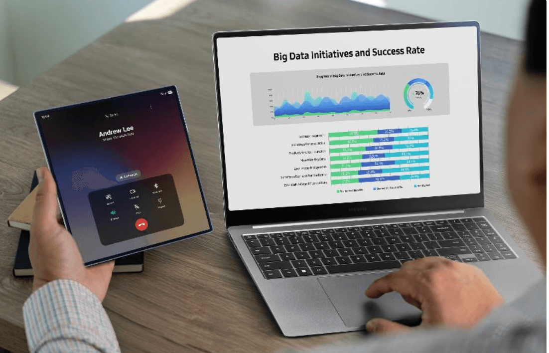 Un Galaxy Z Fold abierto sobre una mesa junto a una laptop con gráficos