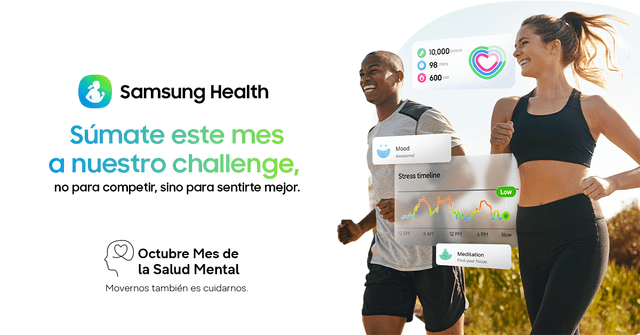Arte del reto de Samsung Health por el mes de la salud mental, con dos personas corriendo