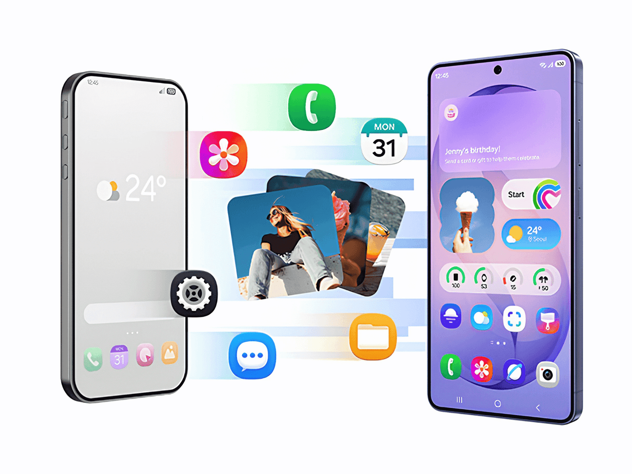 Ilustración de datos que pasan de un iPhone a un Galaxy con Smart Switch