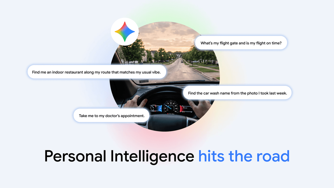 Ilustración de Google con preguntas a Gemini sobre un conductor al volante