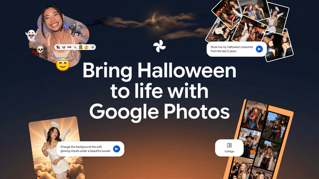 Montaje de Google Fotos con disfraces de Halloween, reacciones con emojis, un collage y la búsqueda de disfraces de los últimos cinco años