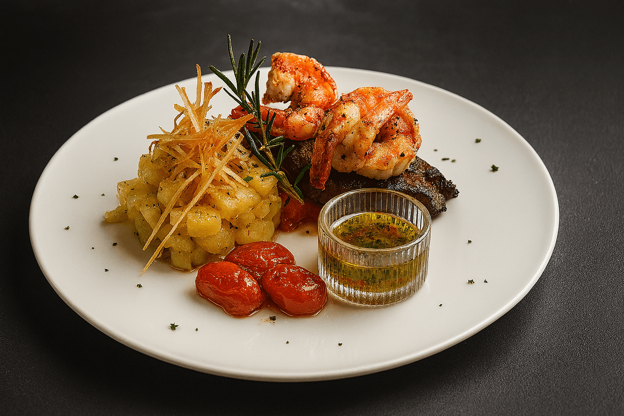 Plato de mar y tierra con camarones y carne