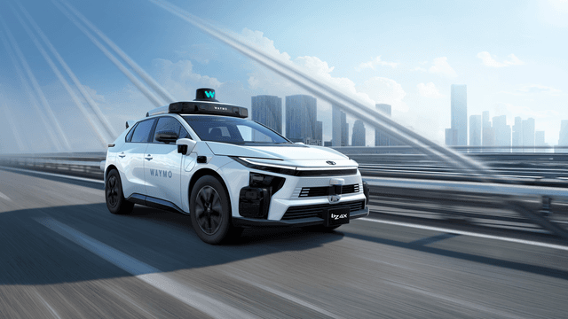 Toyota bZ4X blanco con el sensor de Waymo en el techo, rodando por un puente con rascacielos de fondo