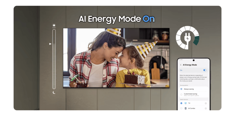 AI Energy Mode activado en un televisor Samsung, con el ajuste de brillo y la pantalla de la app SmartThings en un teléfono