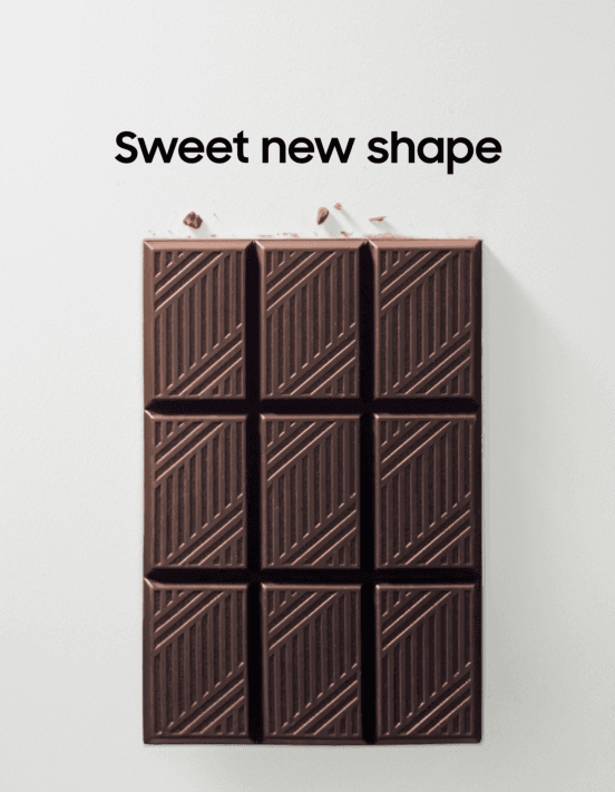 Pieza de la campaña con una tableta de chocolate y el texto «Sweet new shape»