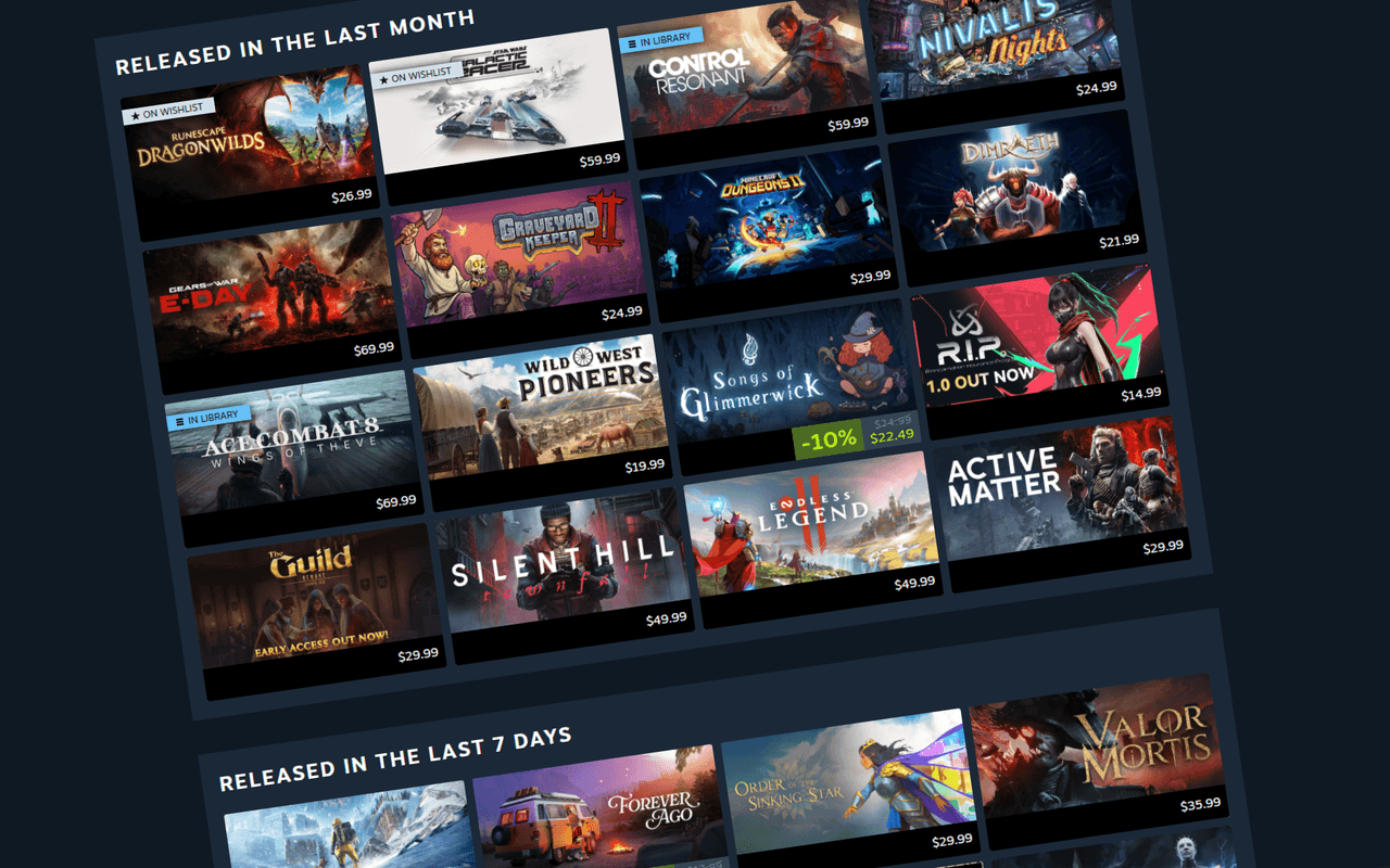 Cuadrícula de juegos lanzados en el último mes y en los últimos siete días dentro del Personal Calendar de Steam