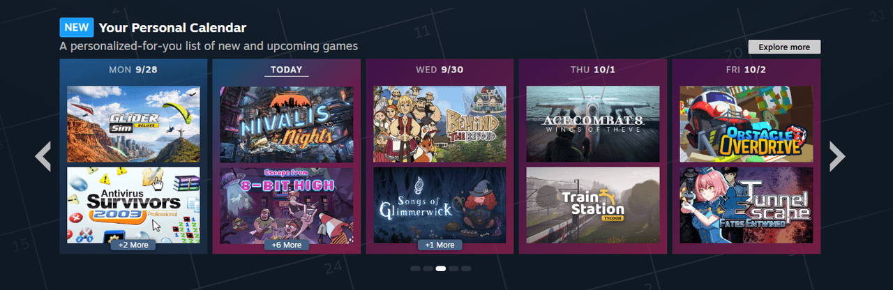 Módulo «Your Personal Calendar» de la tienda de Steam con juegos recomendados organizados por día