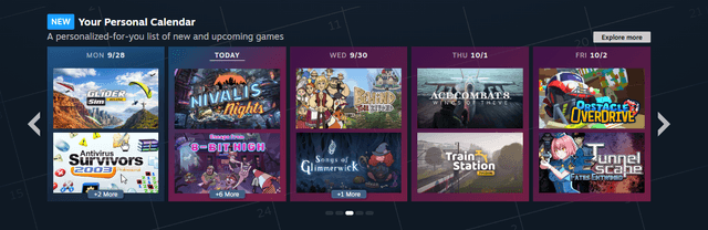 Módulo «Your Personal Calendar» de la tienda de Steam con juegos recomendados organizados por día