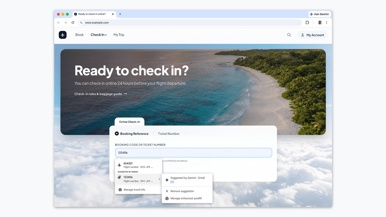 Formulario de check-in de una aerolínea en Chrome con el número de reserva sugerido por Gemini desde Gmail