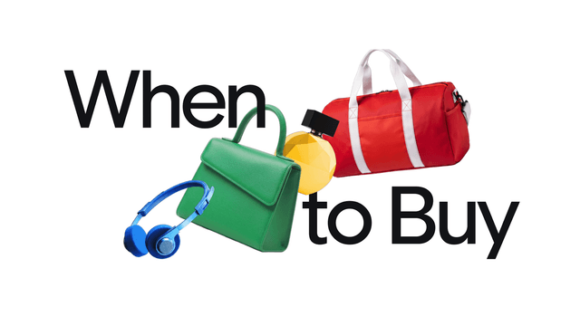 Ilustración de la guía When to Buy de Google con audífonos, cartera verde, perfume y bolso de viaje rojo