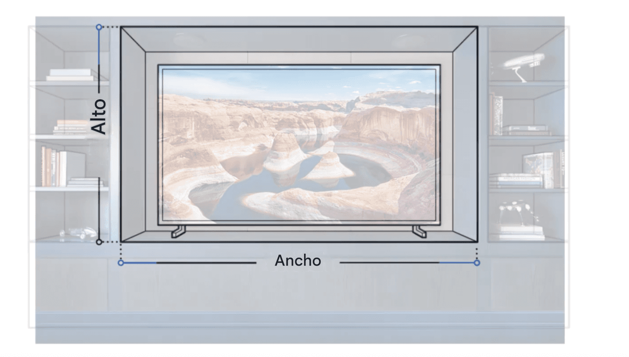Esquema de un televisor en un mueble con las medidas de alto y ancho
