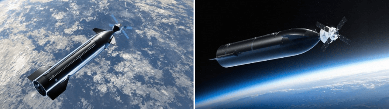 Ilustraciones de la nave Starship de SpaceX y la cápsula Orion durante una maniobra de acoplamiento sobre la Tierra